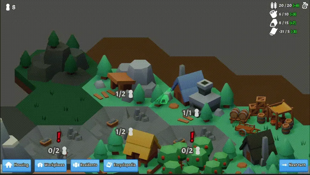 A top down view of two hex tiles showing a mine and a smelter. A little green stone icon animates quickly from the mine to the smelter.