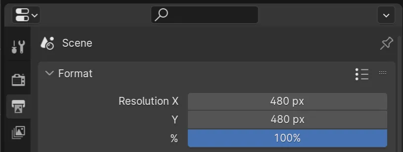 A screenshot of Blender's Properties panel with the Output tab selected. Under 'Format', the tab contains options labelled 'Resolution X' and 'Y', which are the relevant options to change here