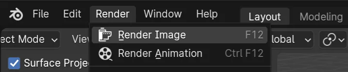 A screenshot of Blender's Render menu, with the Render Image option highlighted