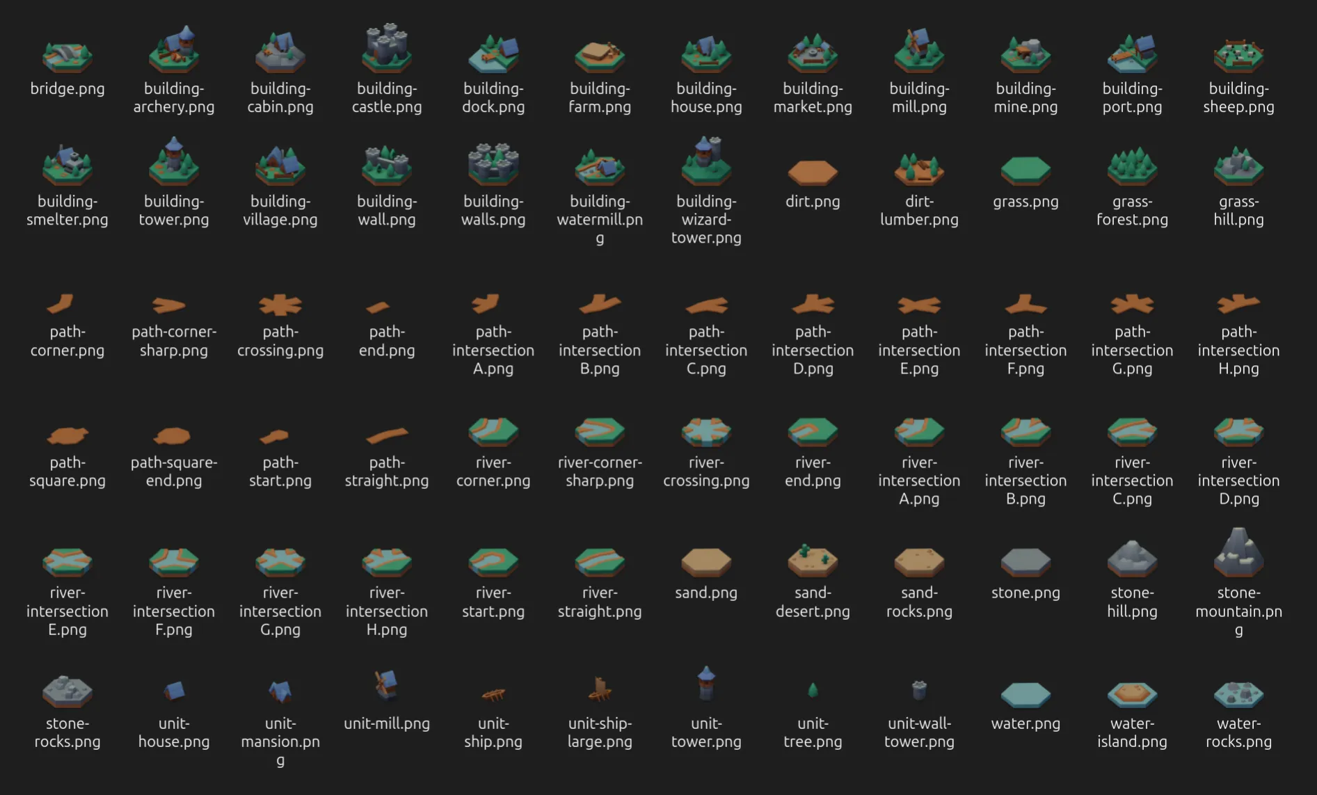 A screenshot of a grid of files with thumbnails, each thumbnail showing a different render of a textured model, and each file named according to the name of the model.