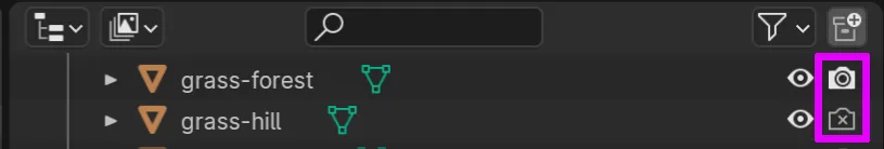 A screenshot of Blender's Outliner area, showing two objects. There is a camera icon to the right of each object's name, highlighted with a pink outline to indicate that these icons are relevant to this step: one icon is active, and one is inactive - shown with a cross in the camera icon.