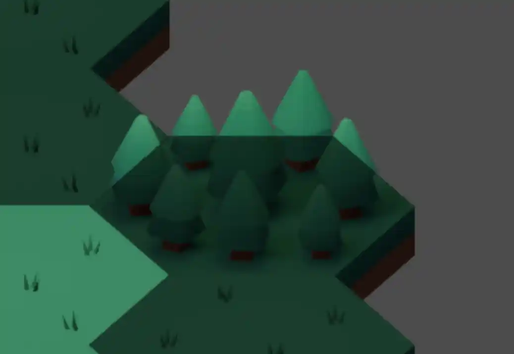 A screenshot of a hexagonal tile, with a hexagonal grey overlay on top. The tile is of a forest and the trees stick out above the overlay, making the tops look oddly highlighted.