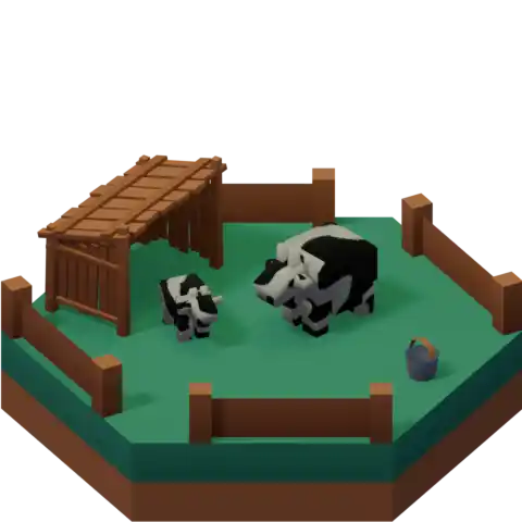 A grassy hex tile with a low poly cow on it, a shed, and a smaller and significantly cuter cow in the middle