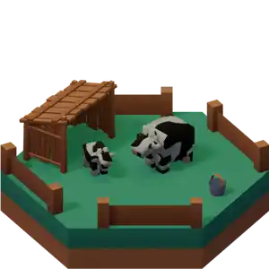 A grassy hex tile with a low poly cow on it, a shed, and a smaller and significantly cuter cow in the middle