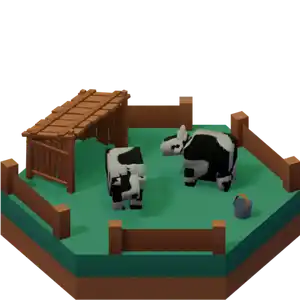 A grassy hex tile with a two low poly cows on it, and a shed