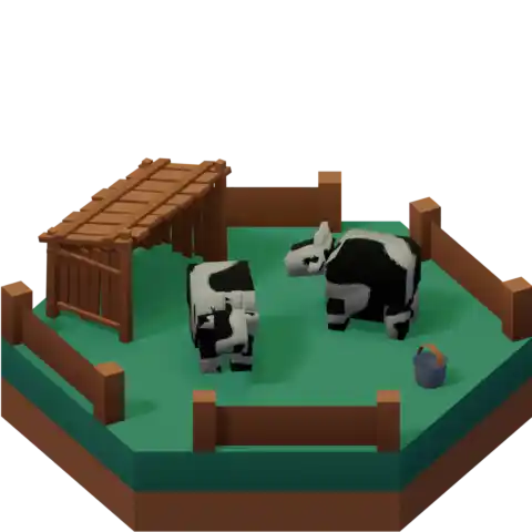 A grassy hex tile with a two low poly cows on it, and a shed