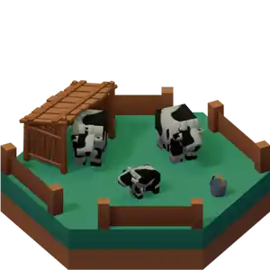 A grassy hex tile with a two low poly cows on it, a shed, and another smaller and significantly cuter cow in the middle