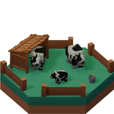 A grassy hex tile with a two low poly cows on it, a shed, and another smaller and significantly cuter cow in the middle