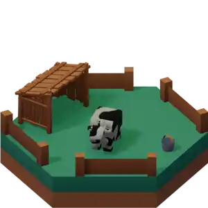 A grassy hex tile with a single low poly cow on it with a shed