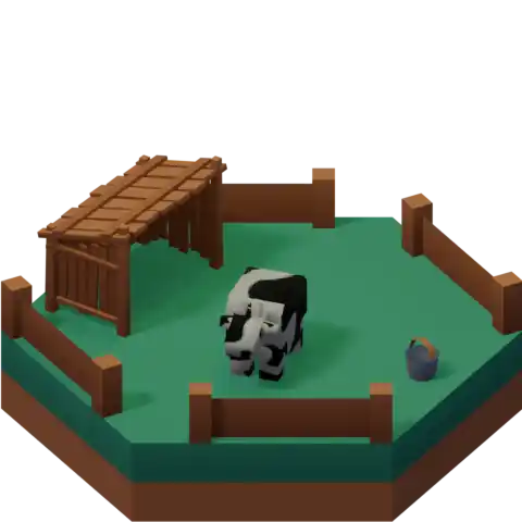 A grassy hex tile with a single low poly cow on it with a shed