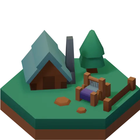 A top down view of a hex tile with a building and a couple of trees, with a wooden frame loom outside the front.