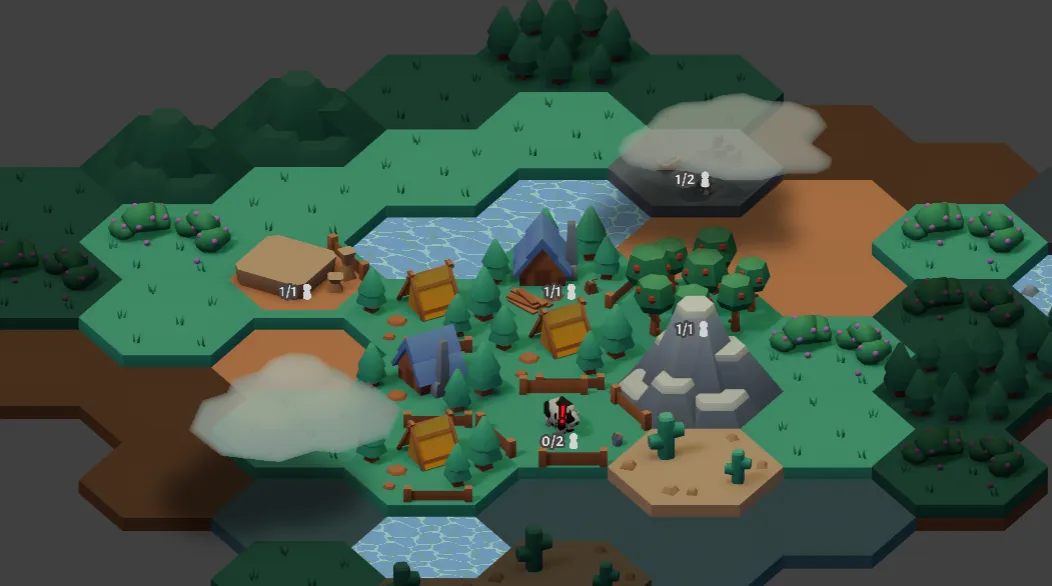 A screenshot of Hexbuilder's map with two transparent clouds floating above the buildings.