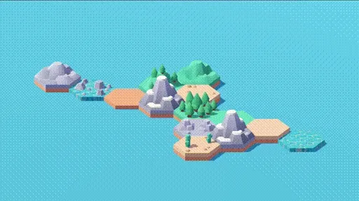 A selection of tiles lined up. The sun rises on the left and sets on the right out of frame, changing the lights and shadows or the models as it goes; the night proceeds in a similar way.