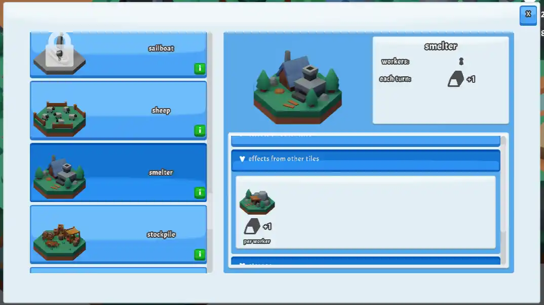 The encyclopedia popup open to the smelter page. There is one foldout visible on the right details panel, showing that adjacent mines will provide 1 bonus stone production.