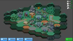 A screenshot of a hexagonal grid on a grey background, with several types of tiles unlocked: forest, grass, river, sand, and dirt, with some buildings and UI over the top. The outermost tiles are greyed out.