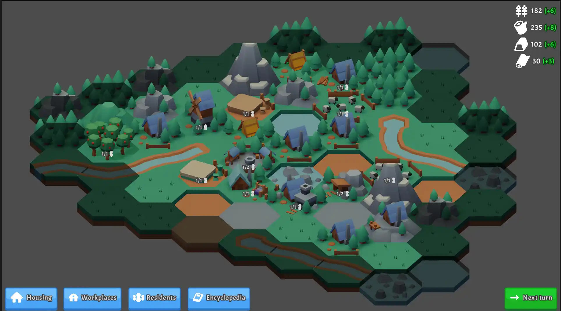 A screenshot of a hexagonal grid on a grey background, with several types of tiles unlocked: forest, grass, river, sand, and dirt, with some buildings and UI over the top. The outermost tiles are greyed out.