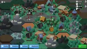 A screenshot of a hexagonal grid on a grey background, with several types of tiles unlocked: forest, grass, river, sand, and dirt, with some buildings and UI over the top. The outermost tiles are greyed out.