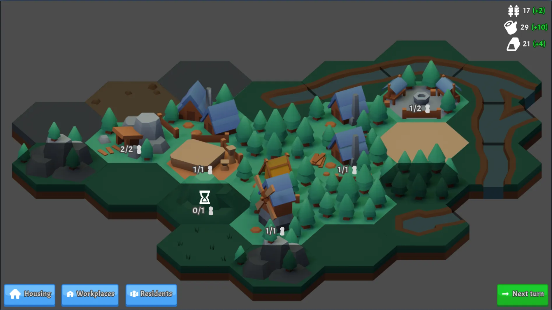 A screenshot of a hexagonal grid on a grey background, with several types of tiles unlocked: forest, grass, river, sand, and dirt, with some buildings and UI over the top. The outermost tiles are greyed out.