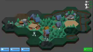 A screenshot of a hexagonal grid on a grey background, with several types of tiles unlocked: forest, grass, river, sand, and dirt, with some buildings and UI over the top. The outermost tiles are greyed out.