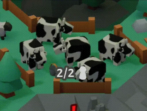 A top down view of a hex tile with a cow field, with UI indicating 2 of 2 workers are assigned. The numbers and worker icon have a white diagonal shine that transitions across them every second or so.