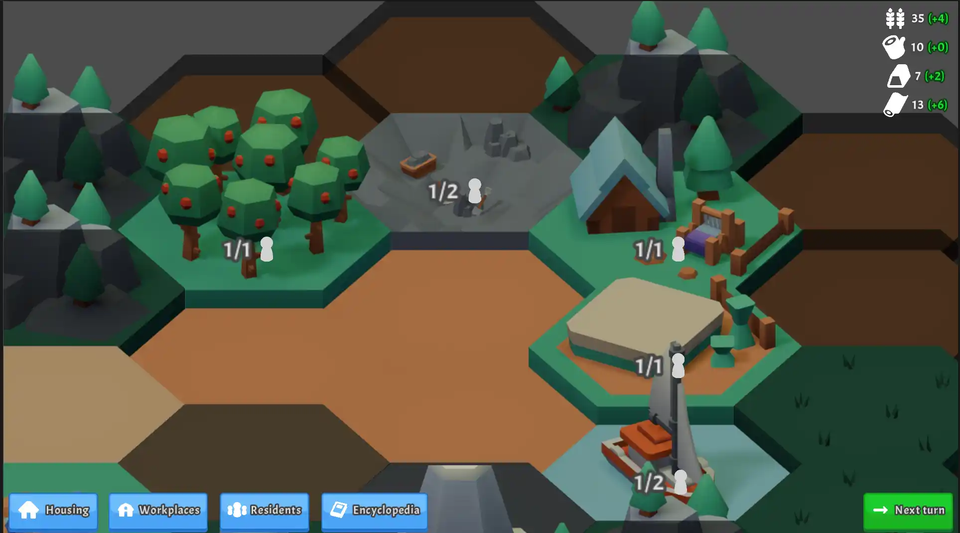 A screenshot of a hexagonal grid on a grey background, showing a pit mine, a large sailboat, an orchard, a weaver, and a flax field.