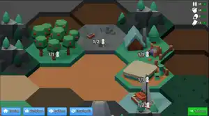 A screenshot of a hexagonal grid on a grey background, showing a pit mine, a large sailboat, an orchard, a weaver, and a flax field.