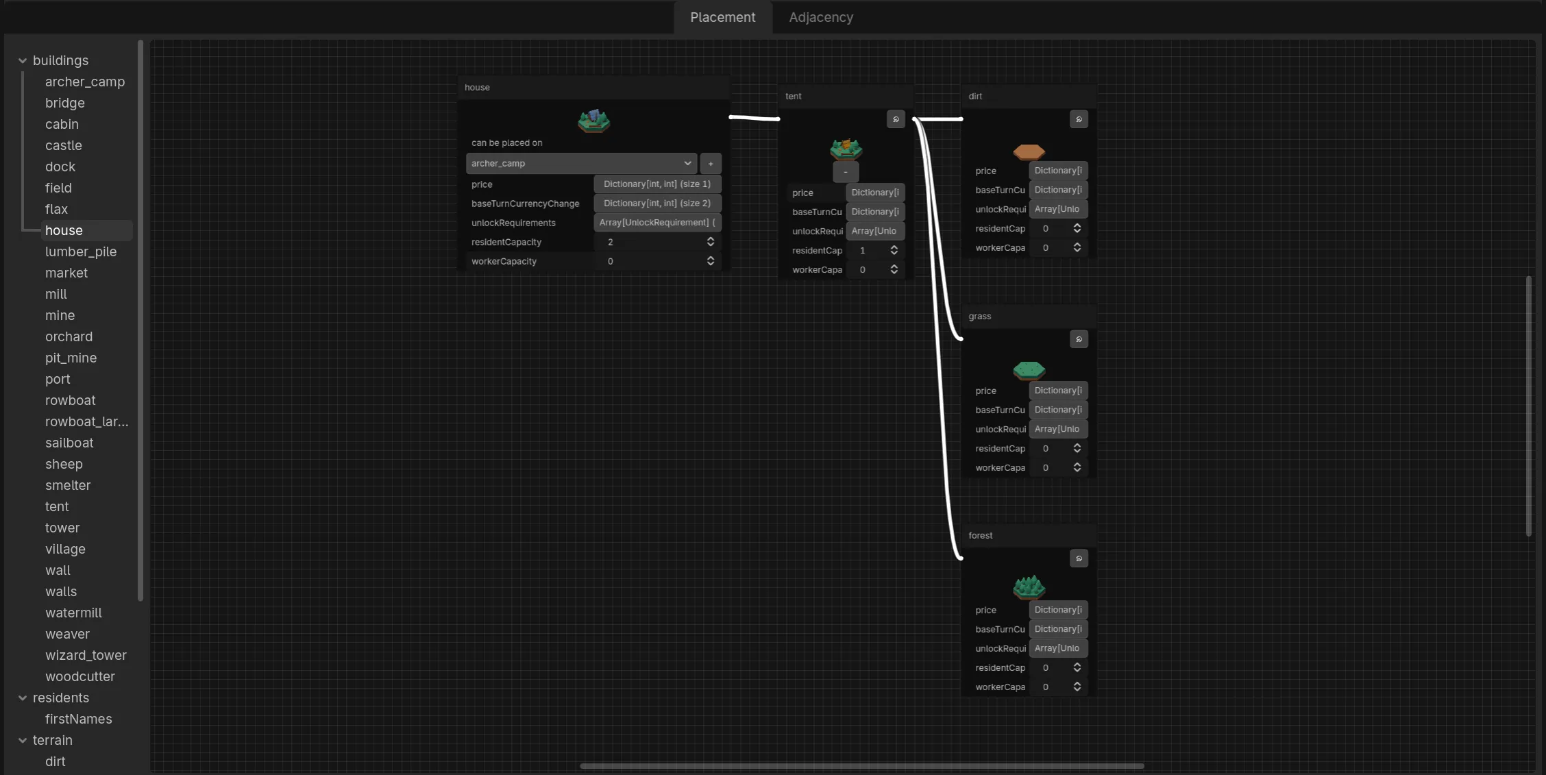 A screenshot of the Godot game engine, showing a selection list on the left and a diagram on the right linking a box with details about the house tile to a box for the tent tile, and then three more links from the tent tile to the grass, dirt and forest tiles.