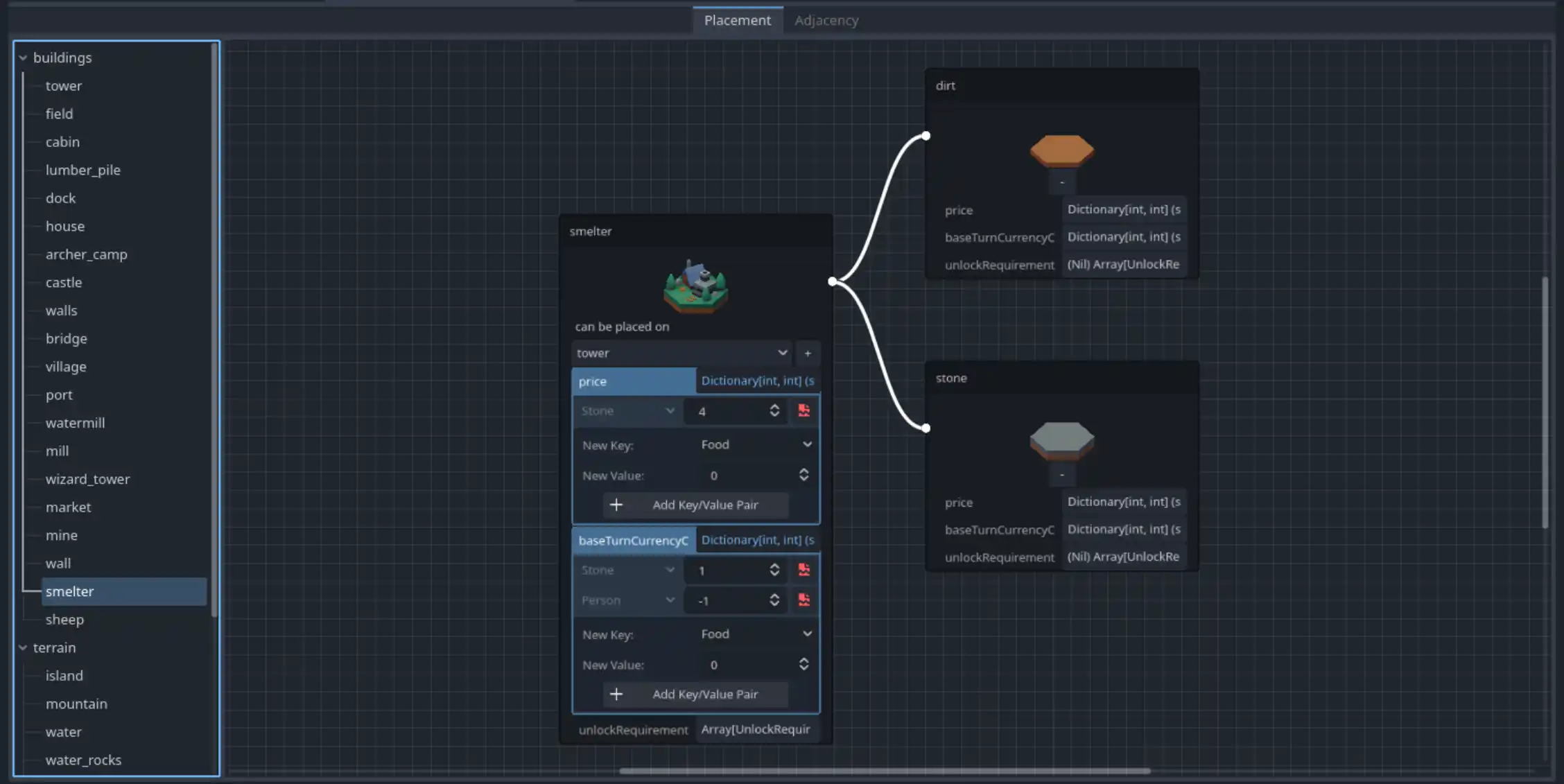 A screenshot of the Godot game engine, showing a selection list on the left and a diagram on the right linking a box with details about the smelter tile to two boxes for dirt and rock tiles. The tab is called placement, indicating that the smelter is restricted to just these tiles.