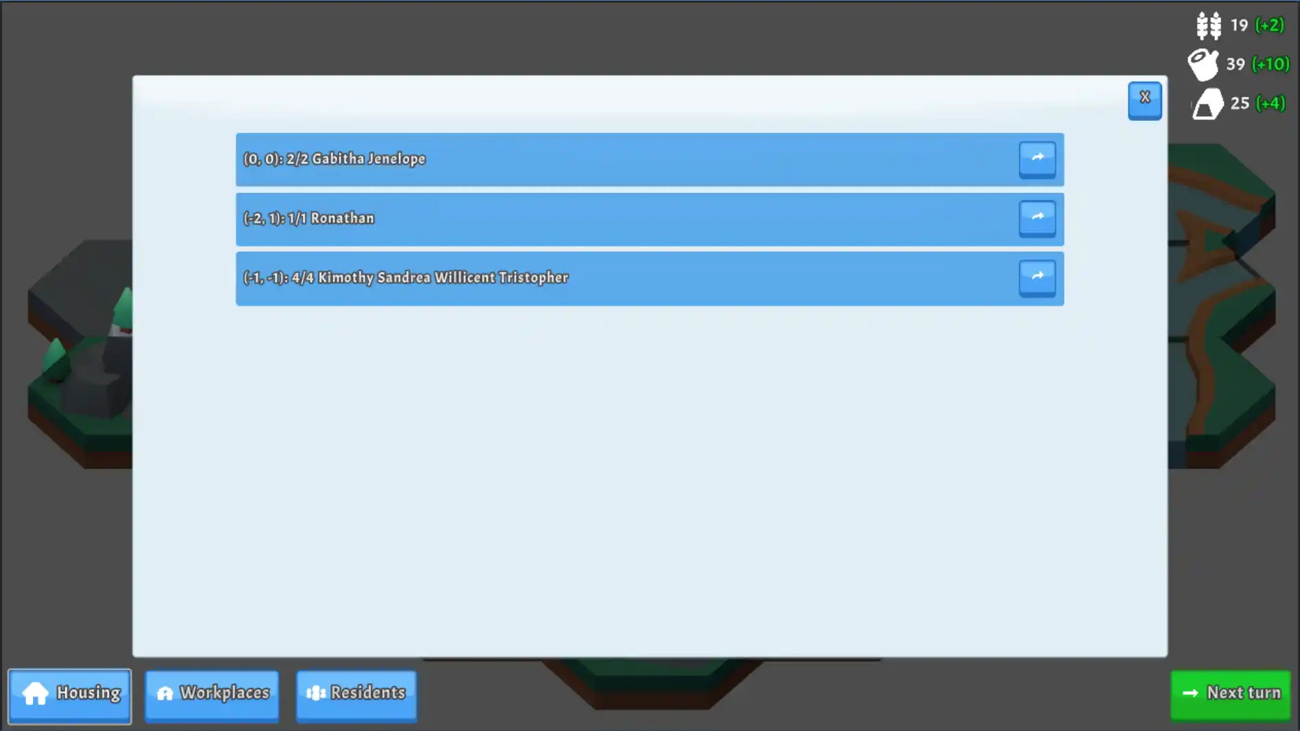 A screenshot showing a popup with a list of coordinates, with names by each house and an indication of how many can fit in each. There's also an arrow to the right of each house's display.