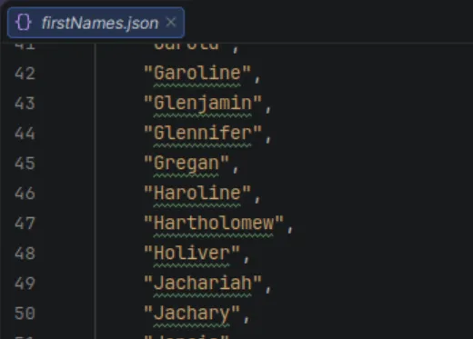 A list of silly names in JSON format, alphabetised. Visible is only names between G and J - line numbers are in the 60s!