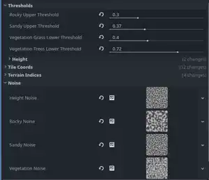 A screenshot of a Godot inspector, displaying several settings related to thresholds and noise values for terrain generation.
