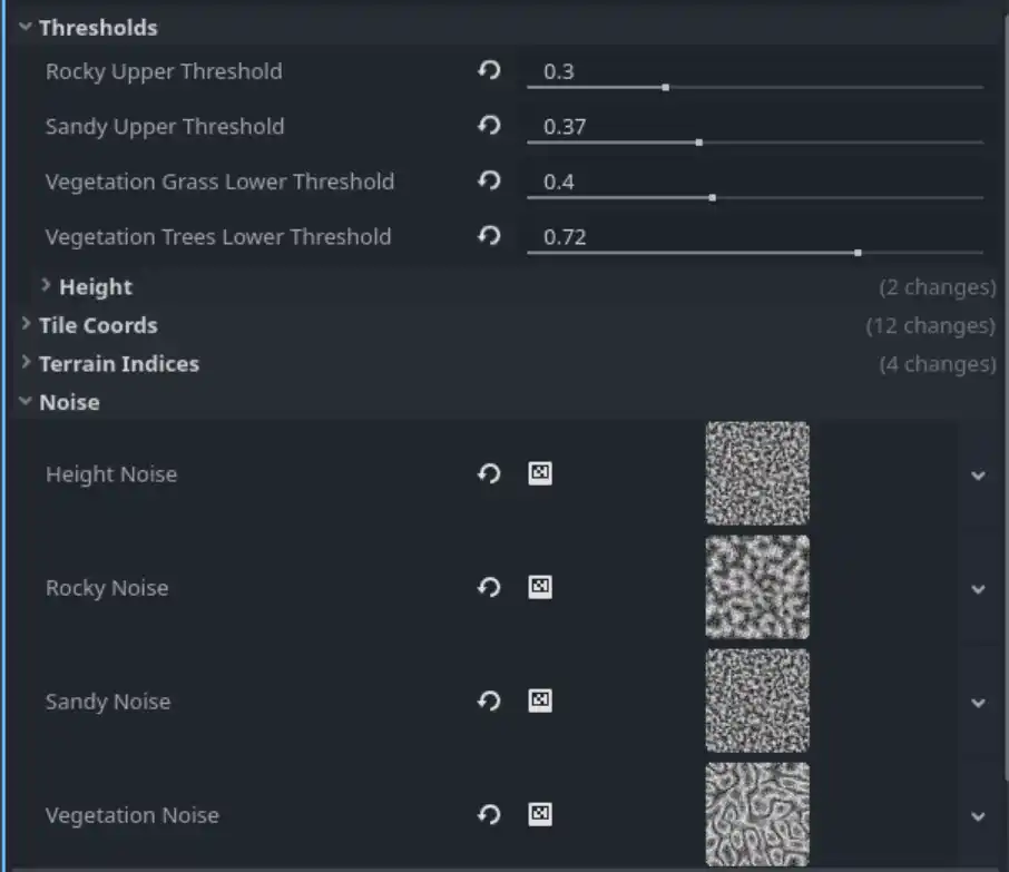 A screenshot of a Godot inspector, displaying several settings related to thresholds and noise values for terrain generation.