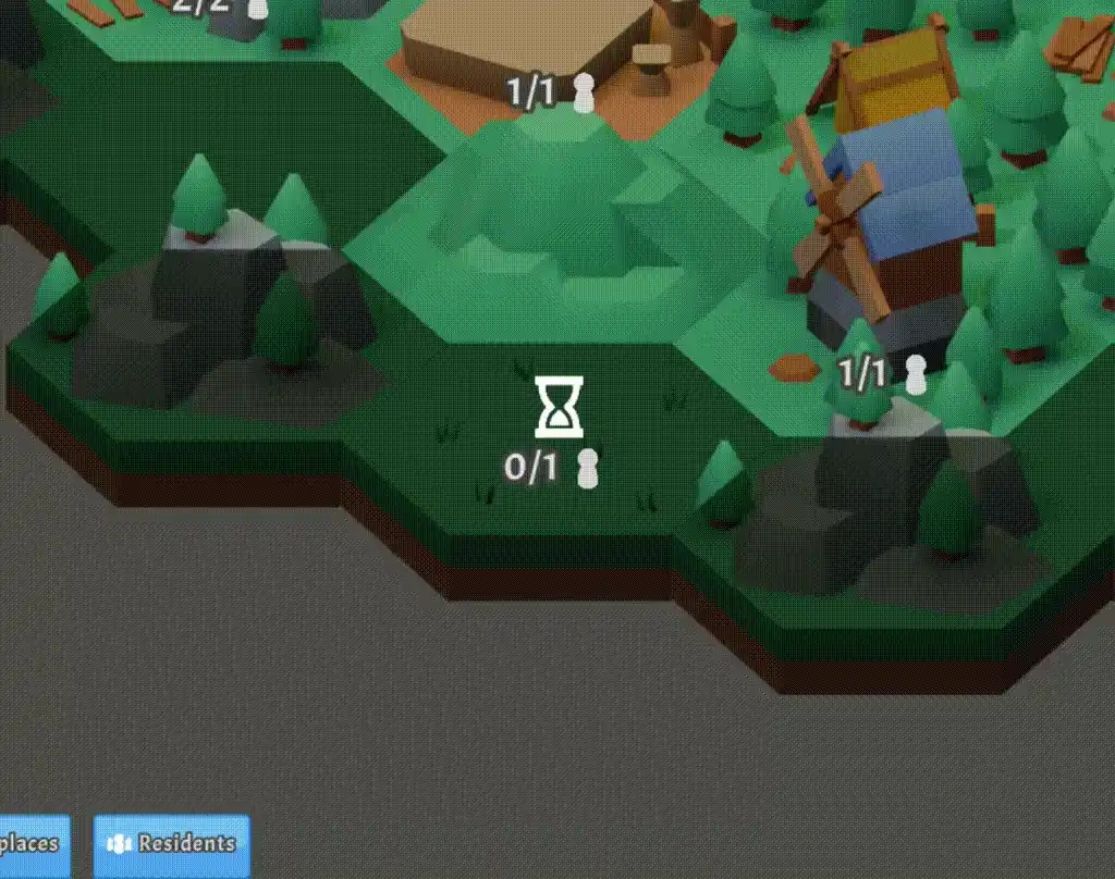 A gif of a hexagonal grid tile unlocking, with an animation of an hourglass shrinking and then a lock icon shaking and opening before disappearing.