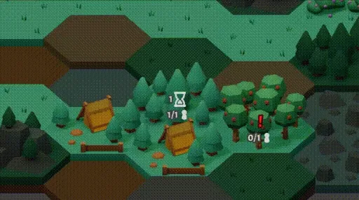 A popup showing the available timed tasks for the selected tile, which is berry bushes. The actions are described in the next paragraph