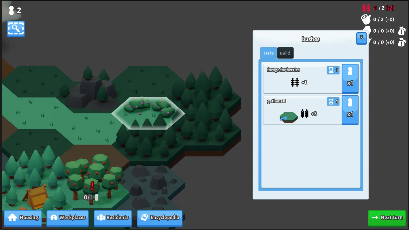 A popup showing the available timed tasks for the selected tile, which is berry bushes. The actions are described in the next paragraph
