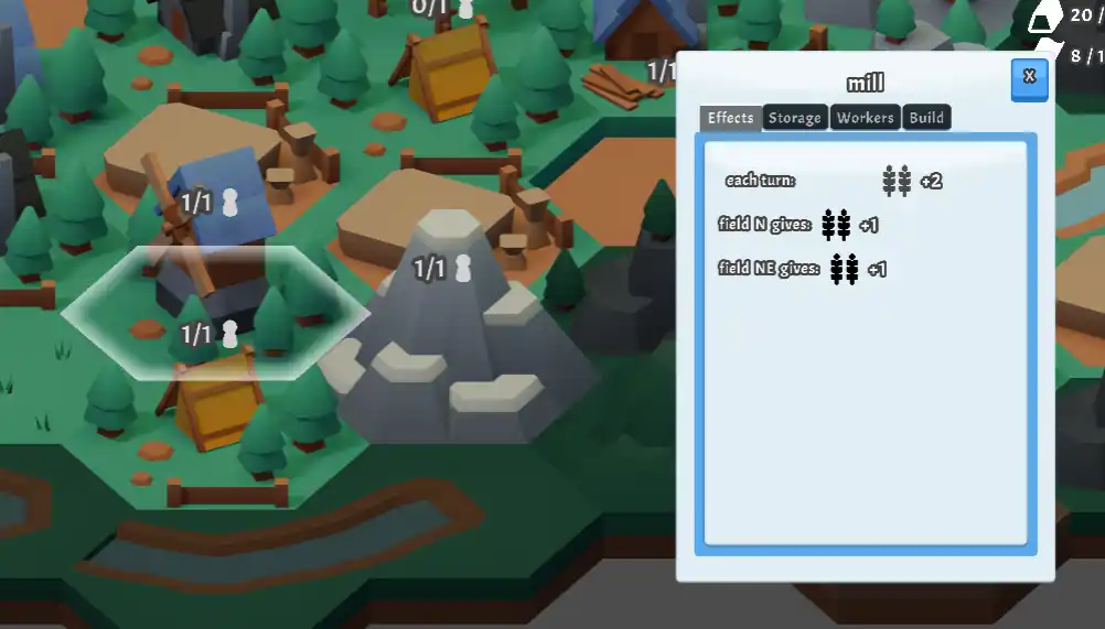 A popup showing details of a mill, showing that it will produce 2 food by default. The popup also says that the fields to the north and north east are each adding an extra 1 food production.