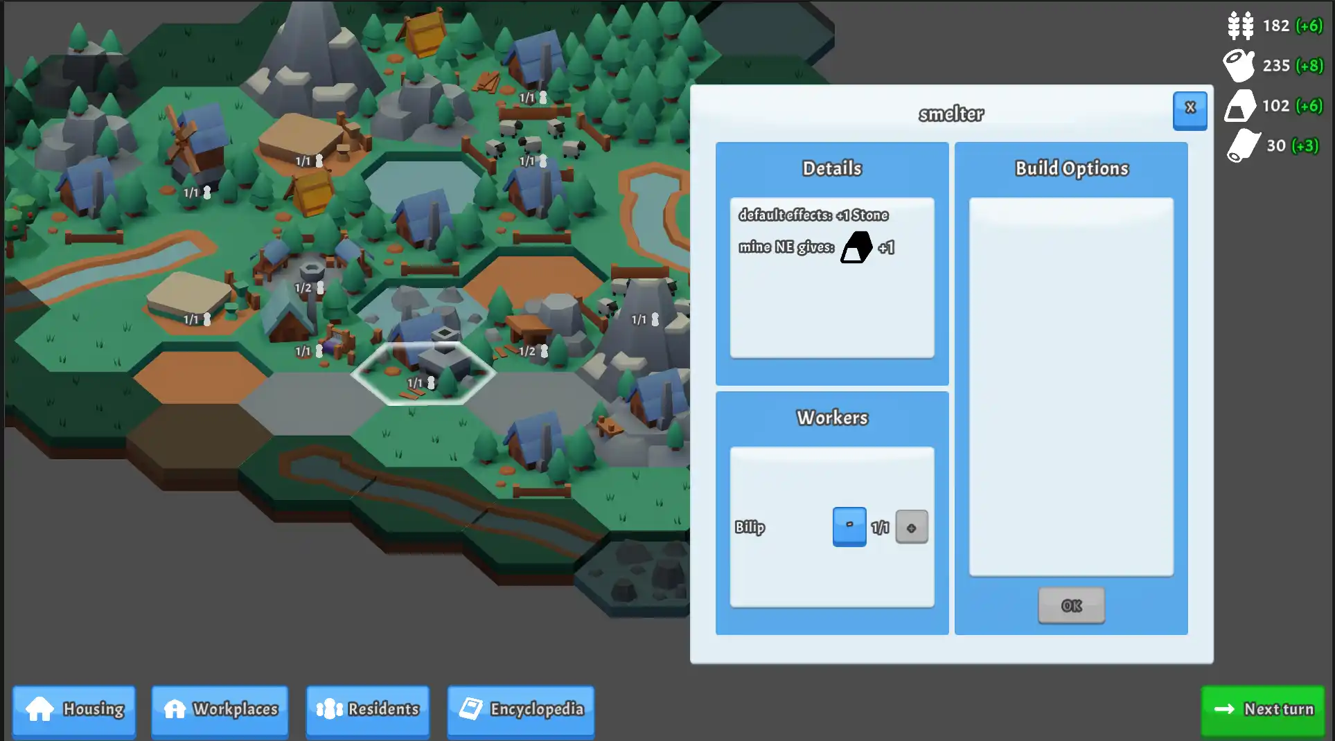 A popup showing details of a smelter, with one worker in it called Bilip. The popup also says that the mine to the north east is adding an extra 1 stone production.