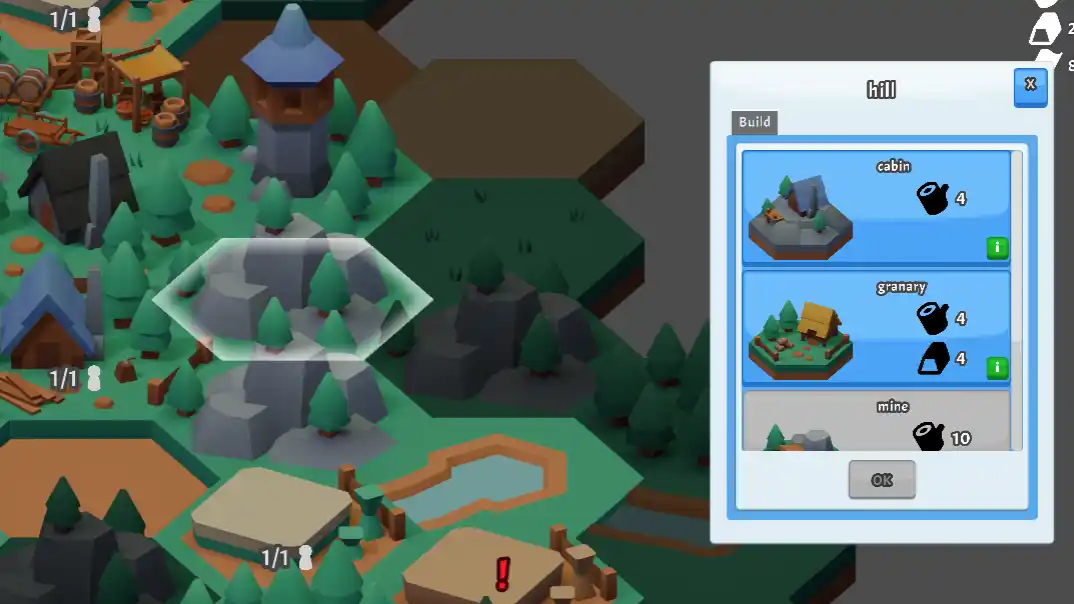 A popup showing that a cabin, granary and mine can be built on this tile. Each option has a build cost, icon, and green info button on it.