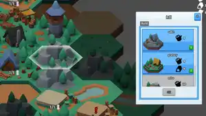 A popup showing that a cabin, granary and mine can be built on this tile. Each option has a build cost, icon, and green info button on it.