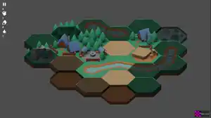 A screenshot of a hexagonal grid on a grey background, with several types of tiles unlocked: forest, grass, river, sand, and dirt. The outermost tiles are greyed out.