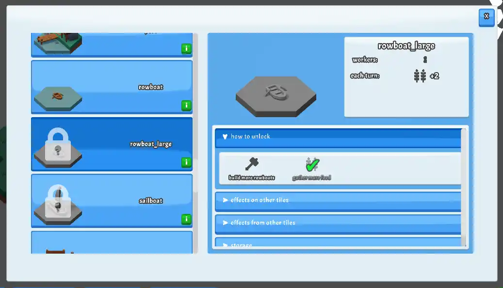 The encyclopedia popup open to the large rowboat page. There is three foldouts visible on the right details panel, and one is expanded to show that to unlock this building the player needs to build more rowboats and gather more food (the latter is checked off).